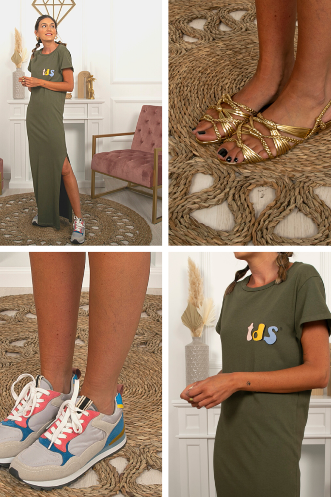 Vestido print lateral de Tds Collection con deportivas o sandalias. 